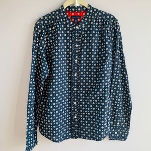 Tommy Hilfiger Ruffle Shirt Navy White Button Front Geometric Business Casual M